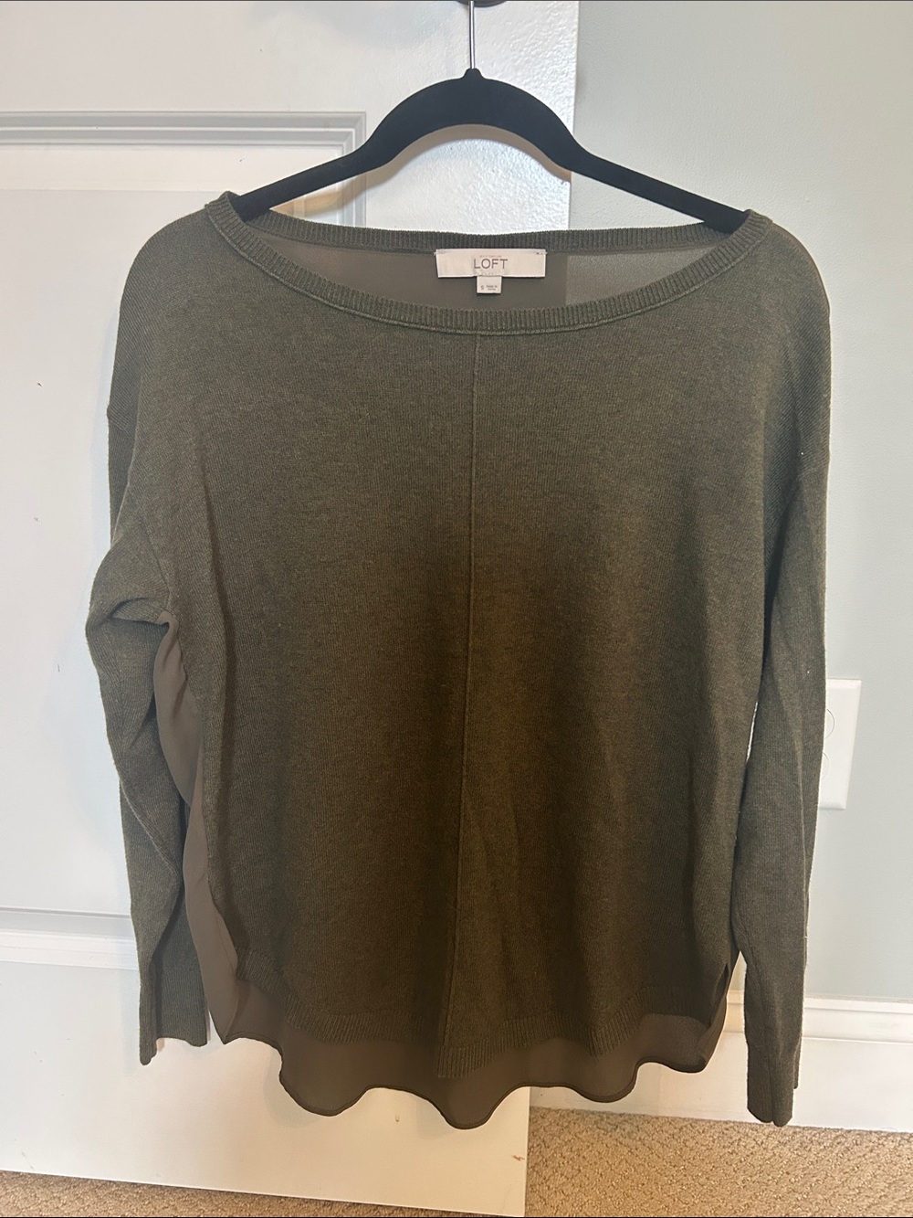 LOFT Olive Green Boatneck Lightweight Mixed Media Sweater